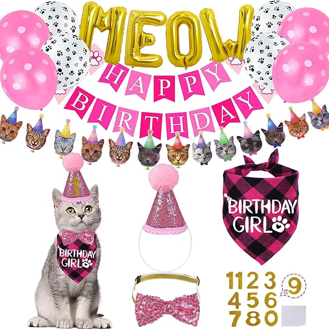 STMK Cat Birthday Party Supplies - Hat, Bandana, Bow Tie, Collar, Banner, Garland, Meow Letter Balloons, Kitten Outfits - Pink