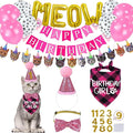 STMK Cat Birthday Party Supplies - Hat, Bandana, Bow Tie, Collar, Banner, Garland, Meow Letter Balloons, Kitten Outfits - Pink