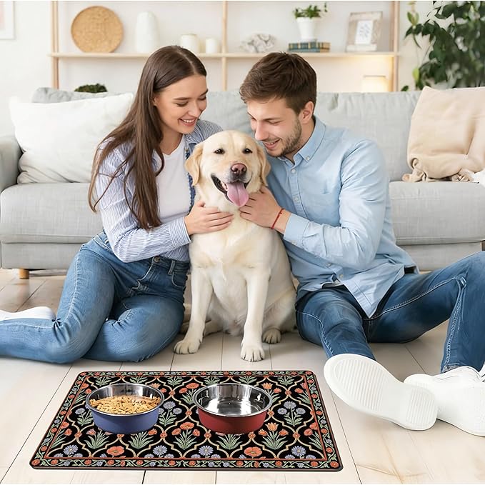 Pet Feeding Mat 24 x 16 Inch, Black Floral Pet Placemat Absorbent Quick-Dry for Food and Water, Waterproof Non Slip Rubber Bowl Pad Mat for Floors
