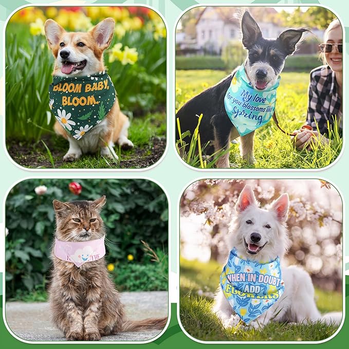 Chunful 50 Pcs Spring Dog Bandanas Floral Dog Bibs Seasonal Pet Costume Adjustable Cat Puppy Spring Outfit Cute Washable Triangle Scarf Kerchief for Small to Medium Pet