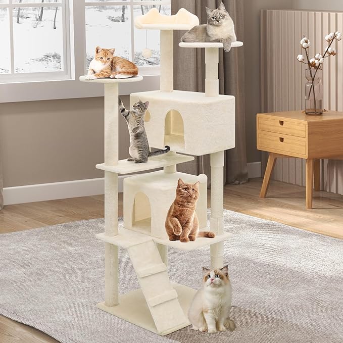 Athena Collection Cat Tree, 70 Inch Cat Tree Tower for Indoor Cats, Multi-Level Cat Tower House Activity Center with 2 Cat Condo & Scratching Post & Dangling Ball, Tall Cat Climbing Tower, Beige