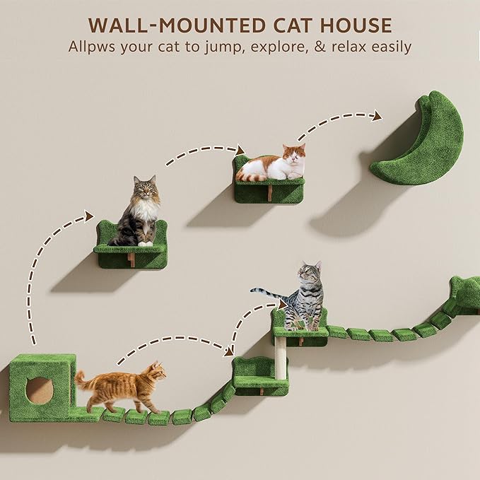 13-in-1 Cat Wall Shelves, Wall Mounted Cats Furniture Set with Plush Fabric, Cat Climbing Wall Systems, Cats Shelf with Moon Hammock, Condo, House, Step, Bridge Ladder, Scratching Post, Green
