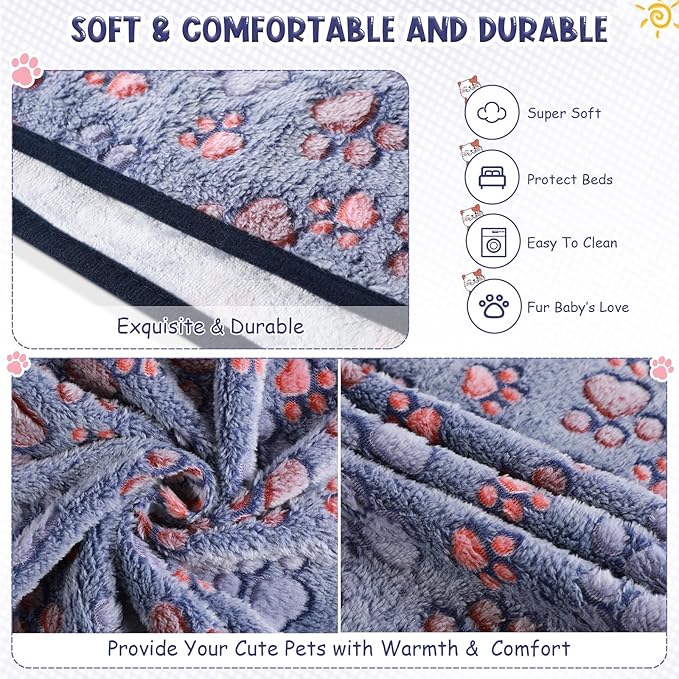 Tatuo 4 Pcs Dog Blanket for Pet Cat Blankets Indoor Puppy Teething Stuff Toys Paw Print Fleece Soft Blanket Sleep Mat for Guinea Pig Cage(Blue,Small(24 x 16 Inch),Square)
