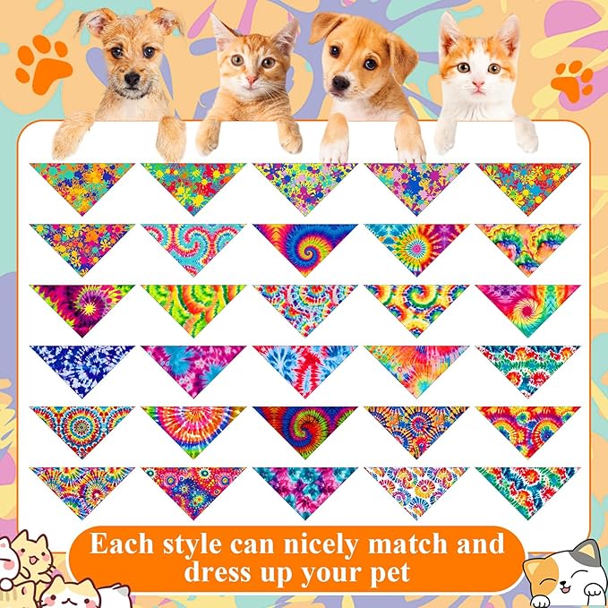 Sanwuta 120 Pcs Rainbow Tie Dye Dog Bandanas for Dogs Bulk Summer Triangle Dog Bandana for Grooming Washable Pet Scarves Adjustable Bibs Small and Medium Pets, 30 Styles