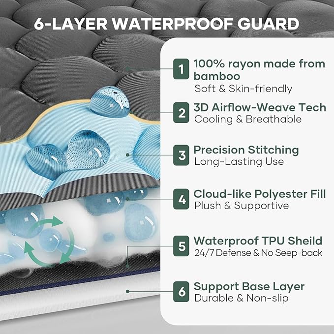OhGeni 100% Waterproof Mattress Protector, California King-Gray, Fits 6"-20" Mattresses Deep Pocket, Cooling for Taller Person, Breathable Fitted Sheets, Soft Bed Cover, Noiseless, Machine Washable