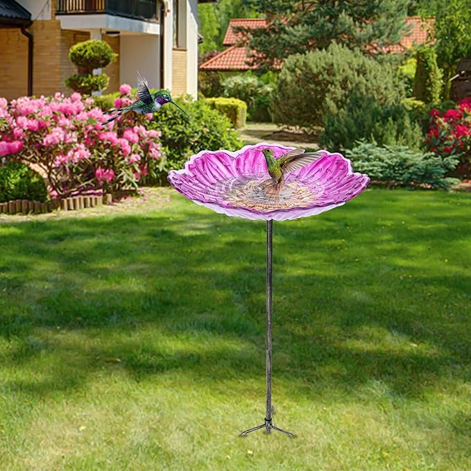 MUMTOP Glass Bird Baths for Outdoors, 12 Inch Bird Bath Bowl with Metal Stake Sunflower Bird Feeders for Garden and Patio Decor