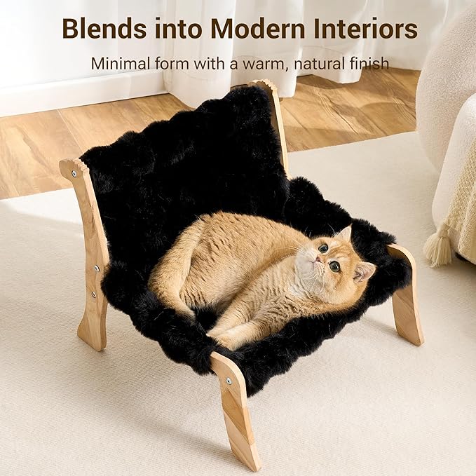 Solid Wood Cat Couch Bed for Indoor Cats, Modern Cat Sofa with Ultra-Soft Plush Surface Washable, Reclined Backrest, Elevated Elevated Cat Lounge Furniture for Small to Adult Pets, Sheen Black