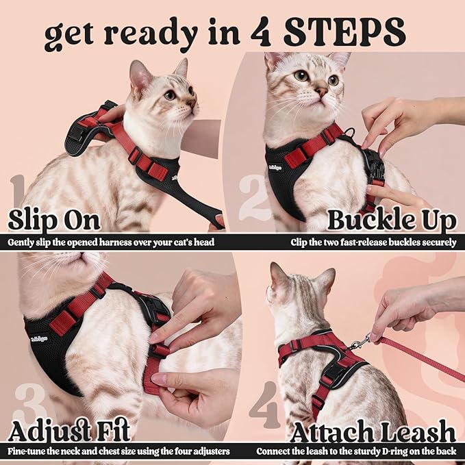 rabbitgoo Cat Harness and Leash for Walking, Escape Proof Soft Adjustable Vest Harnesses for Cats, Easy Control Breathable Reflective Strips Jacket, Black & Red, XS