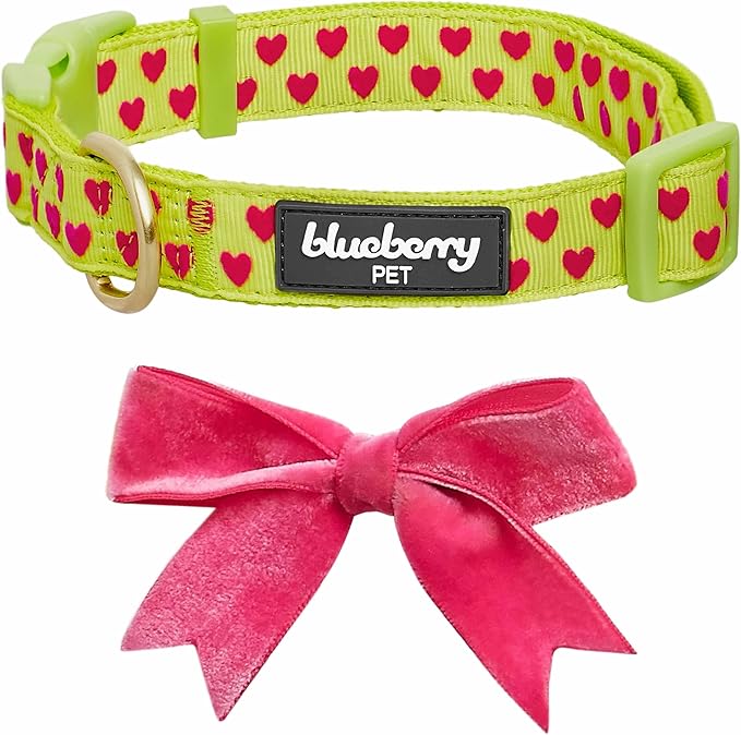 Blueberry Pet Adjustable Flocking Dog Collar with Detachable Velvety Bowtie - Heart in Gothic Grape