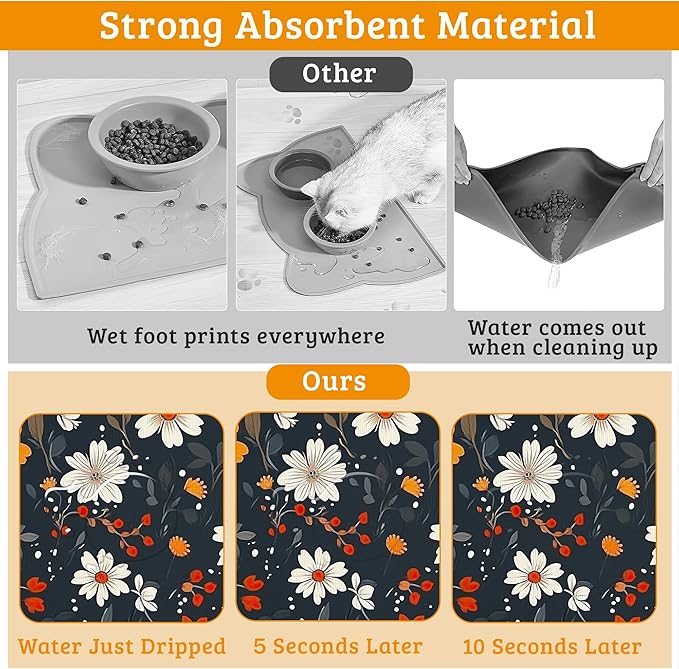 Floral Black Feeding Mat,Absorbent Quick-Dry Cat Dog Food and Water Bowl Mats,Non-Slip Rubber Backing Mat,Cat Dog Accessories Supplies 16" x 24"