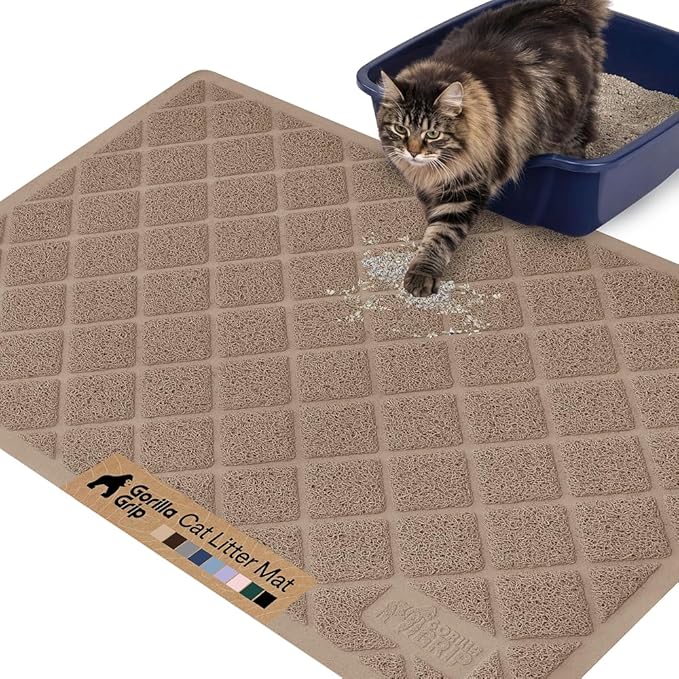 GORILLA GRIP Cat Litter Box Mat, 40x28, Water Resistant, US Designed Kitty Litter Trapping Mats, Easy to Clean, Scatter Control, Less Mess and Clean Floors, Kitten Supplies for Indoor Cats, Beige