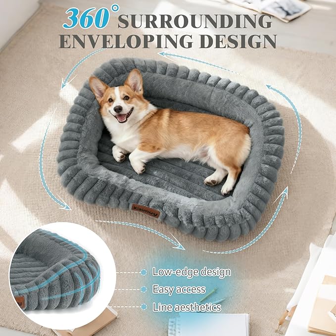 Dog Bed Large Size Dogs Washable Soft Furry Pet Bed, Calming Rectangle Large Dog Bed with Removable Cover & Anti-Slip Bottom, Orthopedic Anti-Anxiety Pet Bed with Handle, 35x27x5 Inches, Grey