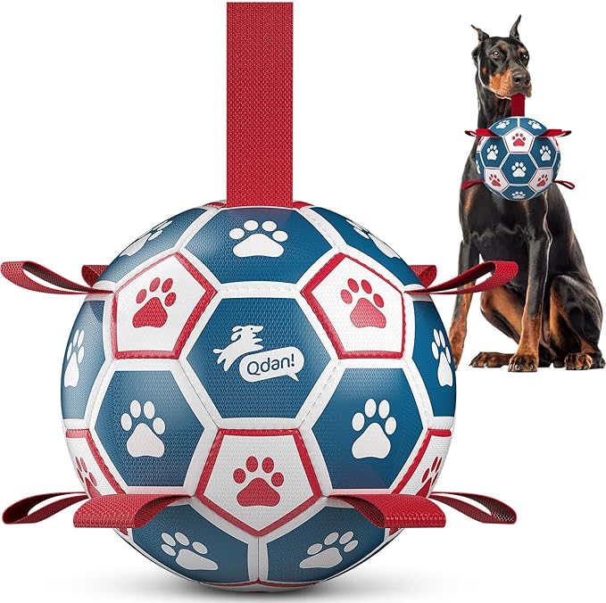 QDAN Dog Toys Soccer Ball with Straps, Durable Giant Dog Balls, Outdoor Dogs Toys, Herding Ball, Birthday Gifts (10 Inch)