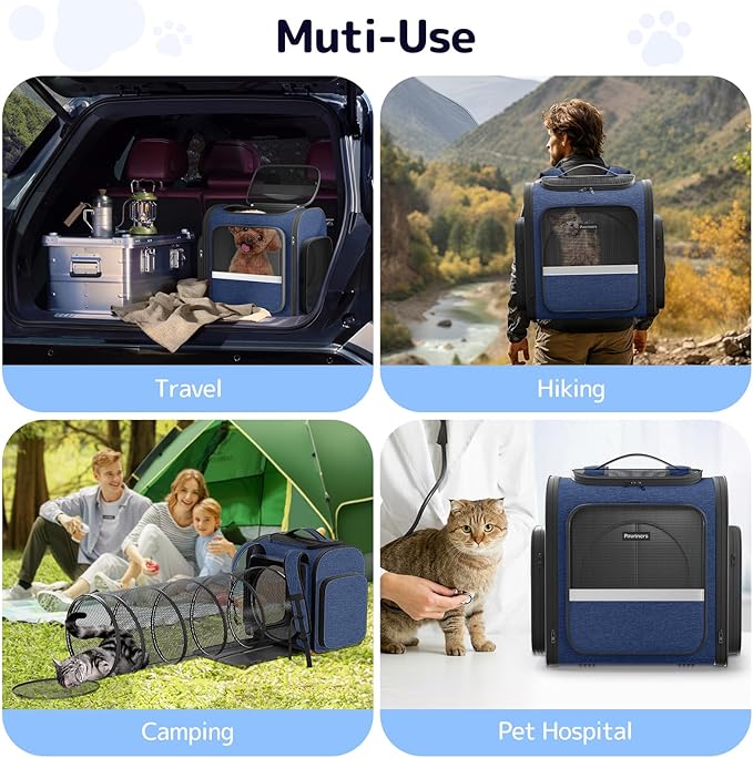 Cat Carrier Backpack with Detachable Play Tunnel, 2 in 1 Cat Tunnel Backpack Suitable for Carrying & Playing, Expandable Pet Carrier for Small Medium Kitten Puppy, Suitable for Travel Hiking Camping