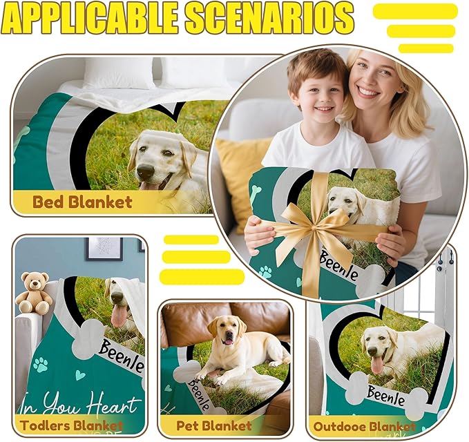 Personalized Paw Print Dog Blanket with Pet Name Face-Custom Puppy Blankets with Picture for Dogs-Customized Dog Memorial Throw Fleece Blanket-Loss of Pets Supplies Sympathy Gift for Bed Sofa Travel