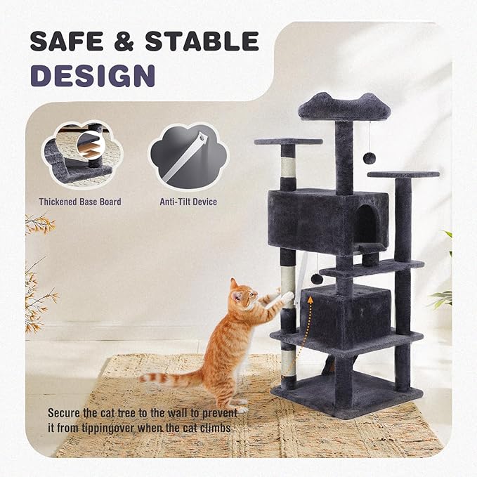 Cat Tree 54 Inch, Multi-Level Cat Tower with Condo, Perches, Sisal Scratching Posts and Climbing Ladder, Pet Play Toy Balls House for Indoor Cats
