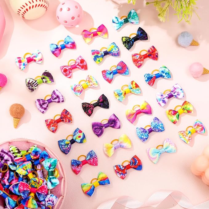 60 Pcs Cute Puppy Dog Hair Bows Small Bowknot Hair Bows with Rubber Bands Handmade Knot Accessories Pet Grooming Products for Holiday Birthday Gift(Tie Dye)
