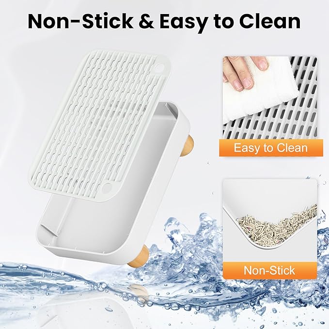 Litter Box Step, Litter Box Ramp/Catcher with Wooden Base, Anti-Tracking & Easy to Clean, Ideal for Small & Elderly Cats (White)