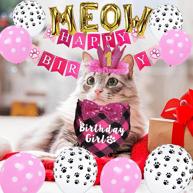 Cat Birthday Party Supplies, Cat Birthday Hat Crown with Number Bandana Bow Tie Banner Balloons Meow Balloons for Cats Kittens Decorations