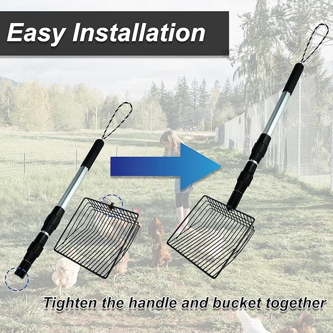 Chicken Poop Scooper 3 in 1 Adjustable Long Handle Litter Metal Scoop Heavy Duty Metal Chicken Poop Scooper Litter Sieving Shovel, Chicken Coop Accessories (22-41.7")
