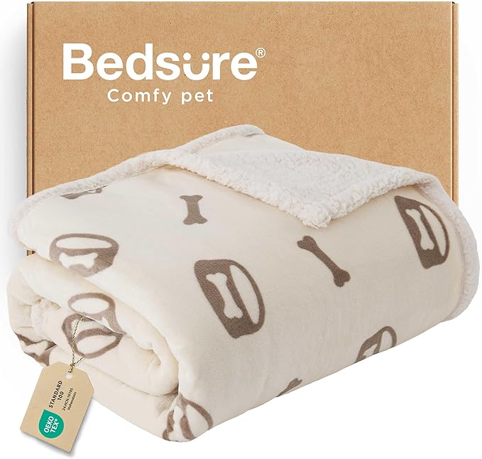 Bedsure Waterproof Dog Blankets for Medium Dogs Washable - Soft Print Sherpa Fleece Puppy Cat Blanket, Cozy Plush Reversible Throw Furniture Protector for Pet Kitten Doggy, 30"X40", Beige