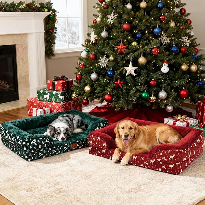 Comfort Expression Orthopedic Dog Bed for Extra Large Dogs 42x30 Inch, Waterproof Egg Crate Foam XL Pet Bed, Gifts for Christmas, Dog Couch with Washable Cover & Non-Slip Bottom, Christmas Green