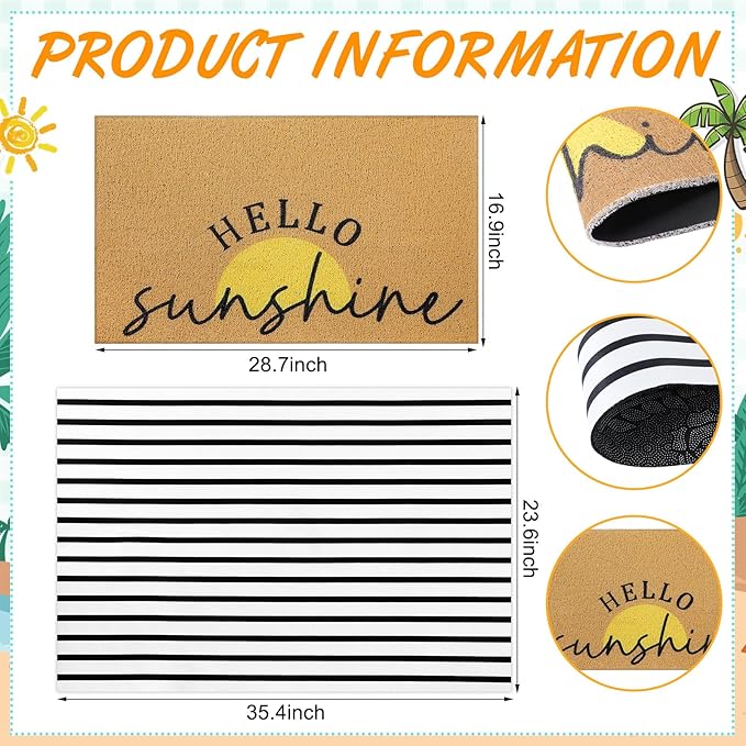 Tinideya 2 Pcs Summer Sunshine Door Mat Yellow Welcome Non Slip Coir Mats Stripe Floor Layering Doormats Seasonal for Front Porch Entryway Decor(Sunshine)