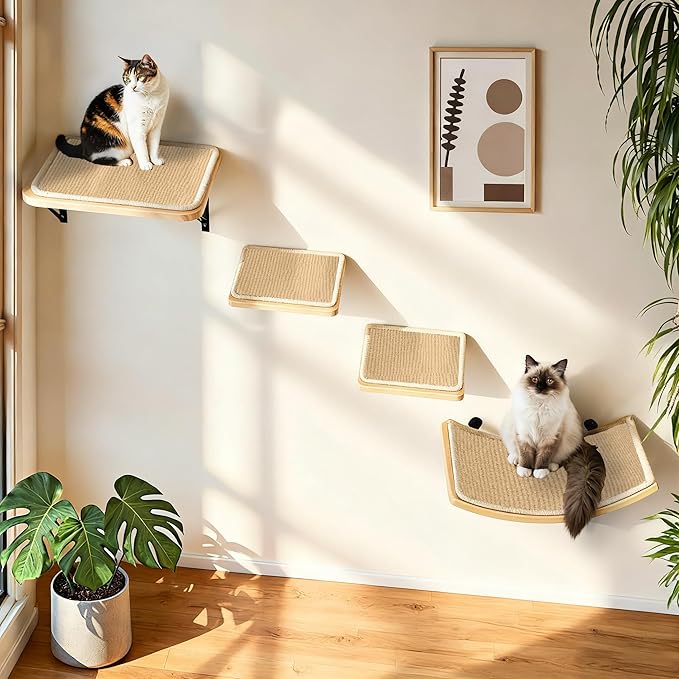 Cat Floating Wall Shelf with Scratching Mat, 1PC 9.7X16.6 Inch Large 1 Inch Thick Wood Cat Window Perches Hanging Shelves Wall Mounted Beds for Sleeping, Playing, Climbing, Support to 30 LBS