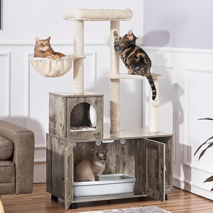 Yaheetech Litter Box Enclosure with Cat Tree, All-in-one Indoor Kitten House w/Scratching Posts, Wooden Cat Litter Box Furniture w/Kitty Condo, Platform, Greige/Beige