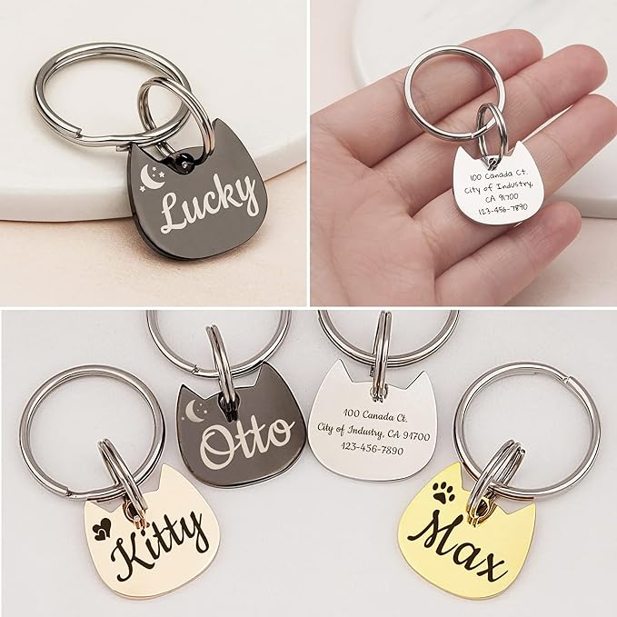 Anavia Small Size Dog Cat ID Tags, Small/XS Personalized Color Plated Stainless Steel Puppy Kitten Name Tags, Customized Engraved Nameplate Pet Collar Tag (Blue, Cat Head)