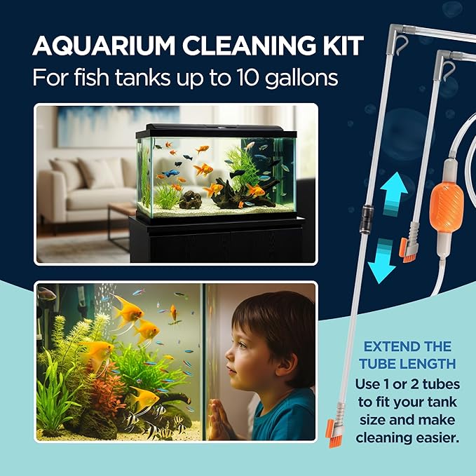Aquarium Siphon Vacuum & Water Changer Kit with Multi-Head Attachments | Includes Gravel Cleaner, Debris Filter, Brush and Sponge for Effortless Cleaning & Water Changes | Ideal for Tanks Up to 10 Gal