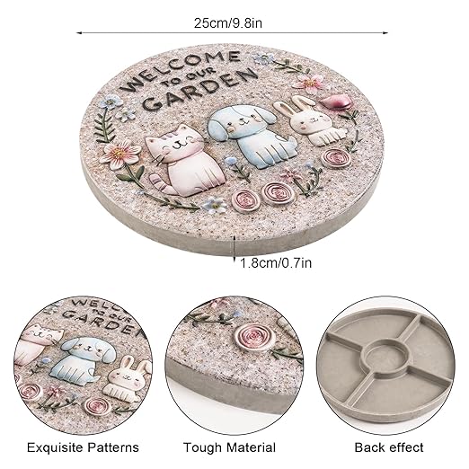 Garden Stepping Stones Outdoor, 9.8" Resin Pet Cat Dog Bunny Stepping Stone for Walkway Gardening Gifts, Spring Decorative Round Welcome to Our Garden Home Decor for Outside Yard Patio Lawn