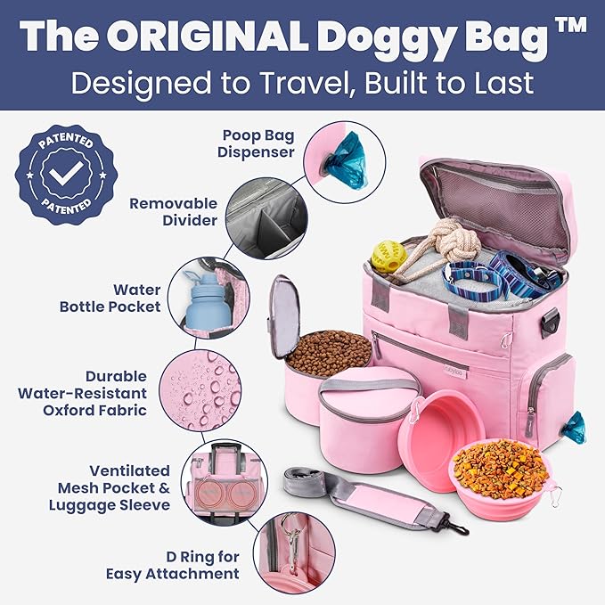 The Original Doggy Bag™ - Complete Dog Travel Bag for Supplies with 2 BPA-Free Travel Bowls & 2 Pet Food Containers - A Dog Mom Gift for Day Trips, Camping, Road Trips & Weekends Away: Lt. Pink