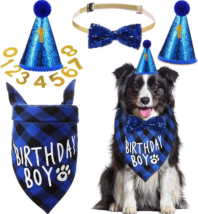 Weewooday Dog Birthday Party Supplies Birthday Boy Girl Cake Bandana Triangle Scarf Party Hat Dog Bow Tie Collar with Numbers for Large Medium Small Dog Puppy 1st Birthday(Elegant Style,X-Large)