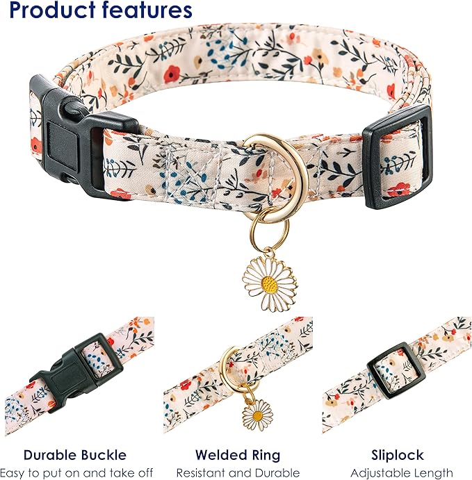 Cute Dog Collar Beige Flower Pattern for Boys and Girls Holiday Dog Collars Summer Fall Gift Adjustable for Medium to X-Large Breed Dogs (L)
