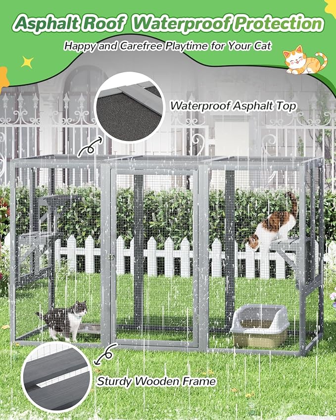 Catio Outdoor Cat Enclosure,71" L Outside Cat House Weatherproof, Wooden Large Catios for Cats Patio, Cat Houses with 3 Platforms,Grey
