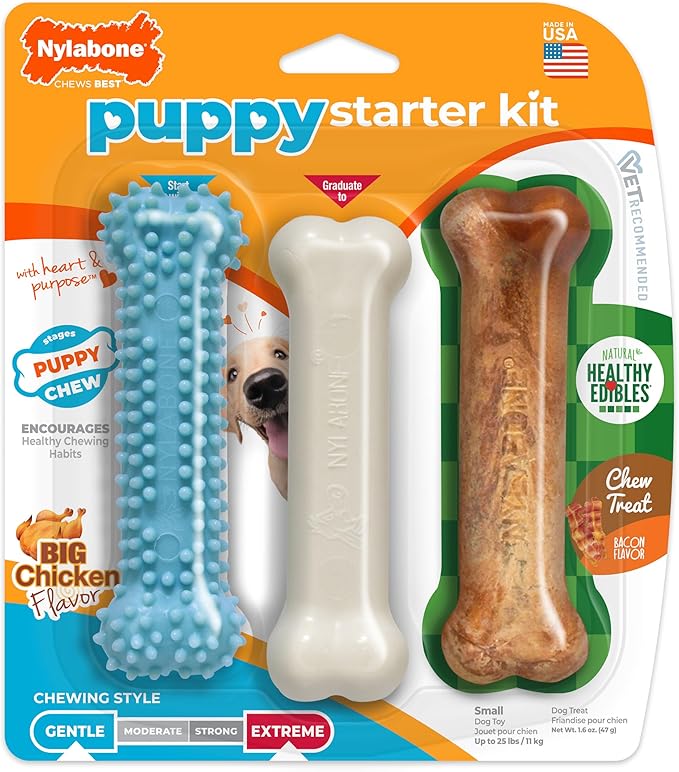 Nylabone New Puppy Starter Kit, Chew Toys & Natural Chew Treat for Puppies, Puppy Enrichment Teething Toys, Blue, Long Lasting Chicken & Bacon Flavor, Small Dogs - Up to 25 Ibs, 3 Pack