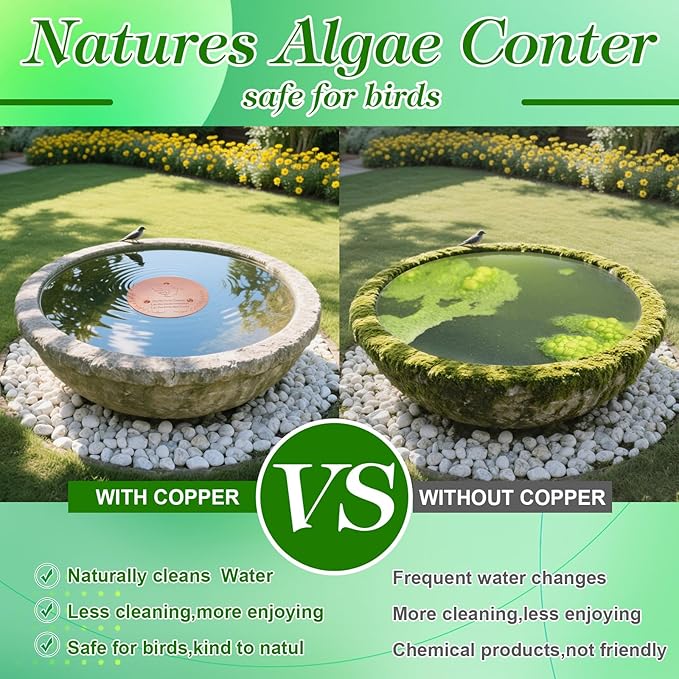 Bird Bath Copper Disk, Sturdy 1mm 99.9% Pure Copper Disk, Triple-Point Support Ensures Clean Water Year-Round, Fits Most Outdoor Birdbath Bowls (2)