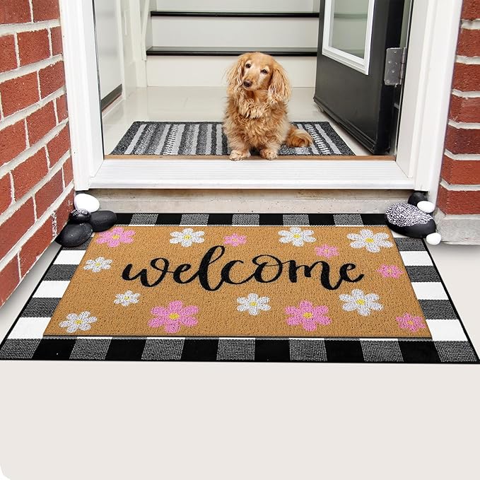 Tinideya 2 Pcs Spring Welcome Door Mat Outdoor Pink Flower Doormats for Front Door Non Slip Floral Layered Coir Mat Black White Check Spring Rug for Outside Front Porch Entryway Decor
