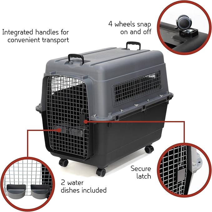 SportPet Airline Compliant X-LARGE 32.25" Travel Dog Kennel-Durable Plastic Airline Pet Carrier w/Removable Wheels & Food Bowls, Collapsible Indoor/Outdoor Dog Kennel, Dogs up to 32"L & 23"H-Dark Gray