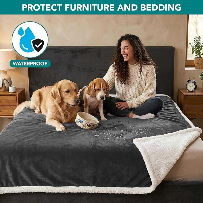 PetAmi Waterproof Dog Blanket for Medium Large XL Dog Puppy Cat Throw for Couch Cover Leakproof Protection, Sherpa Fleece, Reversible Soft Washable 80x60 Charcoal Gray