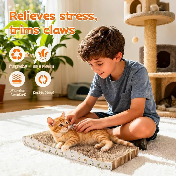 PatiencET Cardboard Cat Scratcher Pads, 4-Pack (2 Flat Double-Sided, 2 Wavy), Catnip Included, for Small and Medium Indoor Cats