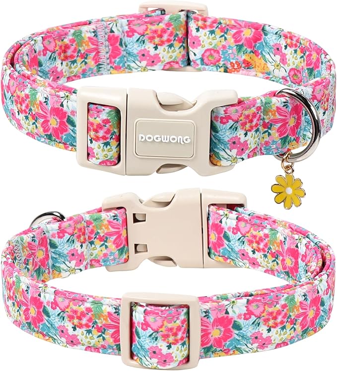 DOGWONG Spring Flower Dog Collar-Cute Floral Daisy Dog Collar, Adjustable Soft Girl Female Dog Collar for Small Dogs, XS