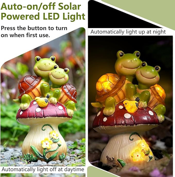 Solar Light Turtle Garden Statue, Turtle on Mushroom Figurine, Lovely Tortoise Garden Statue with 5 LED Lights for Patio, Balcony, Yard, Housewarming, Outdoor Lawn Ornament, Valentines Day Decorations