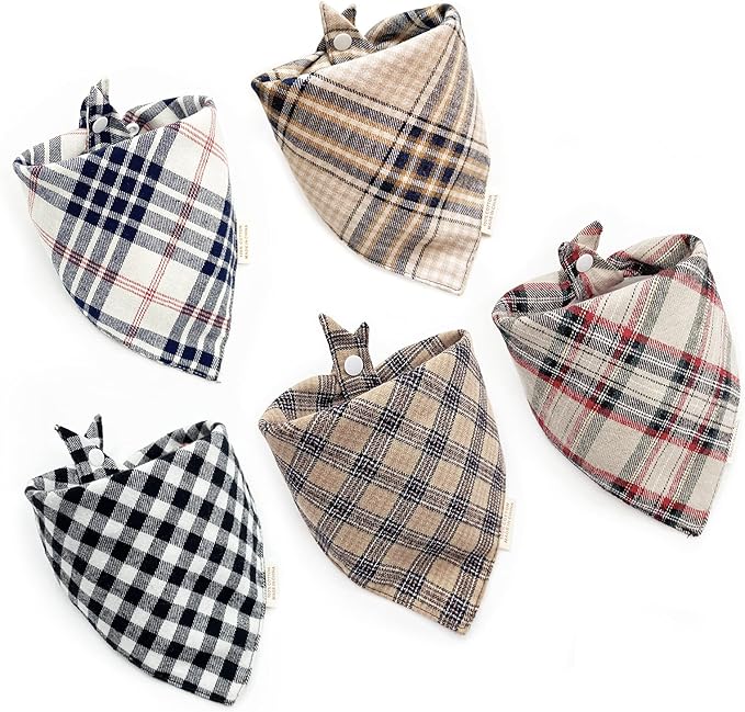 5PCS Dog Bandanas with Button - Thick Triangle Bibs Dual Layer Soft Cotton Scarves for Small Medium Boy Girl Puppy Cat Pet Baby Square Plaid Printing Washable Kerchief Halloween Costumes Outfits