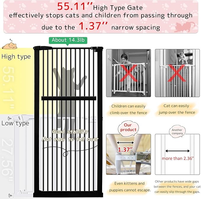 Lumizone Extra Tall Pet Gate 55.12" High Pressure Mounted 38.39"-42.51" Extra Wide (9 Sizes) 1.37" Gap for Cat Dog Stairs Doorway Hallway No Drilling Auto-Close (38.39"-42.51" W, Black)