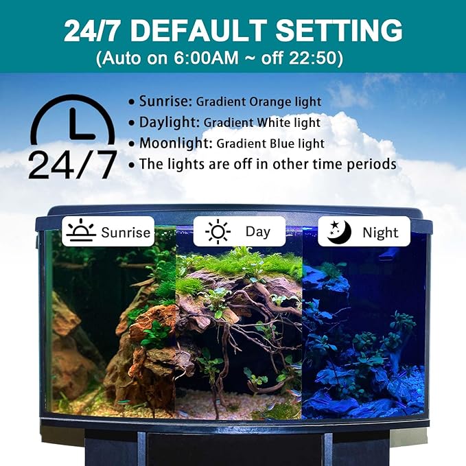hygger 24/7 Mode Submersible Aquarium LED Light, Full Spectrum Hidden Fish Tank Light with 3 Rows Beads 7 Colors Auto On Off Sunrise-Daylight-Moonlight, Adjustable Timer Brightness 6W