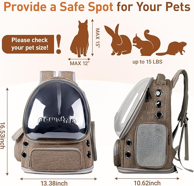 Pawstrip Cat Backpack Carrier with Large Space Bubble Window, Airline Approved Breathable Pet Carrier for Small Dogs Cats up to 15lbs, Foldable for Travel Hiking & Outdoor Use