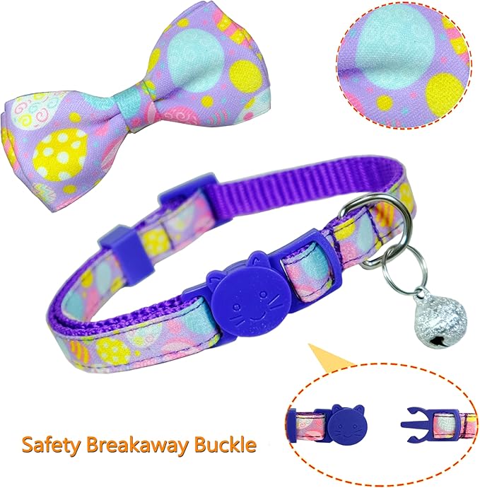 2 Pack Easter Day Cat Collar with Bow Tie, Holiday Spring Easter Eggs Collar for Boys and Girls Male Female Kitty Kittens