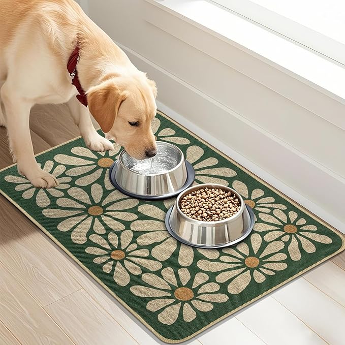 SHIYUE Dog Food Mats for Floors, Absorbent Cat Bowl for Food and Water, Non-Slip Accessories Pet Supplies(16"x24",Forest Green Flower)